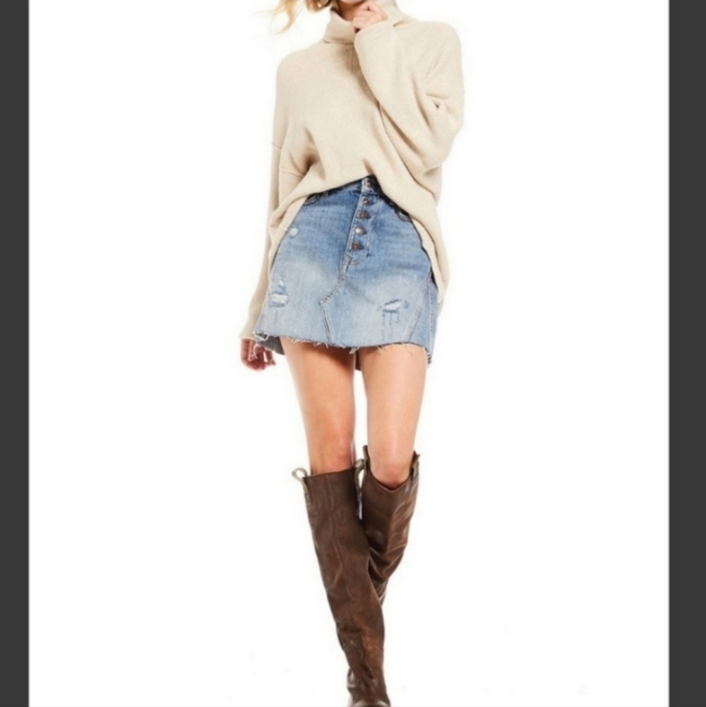 Free People Button Front Light Blue Denim Mini Skirt